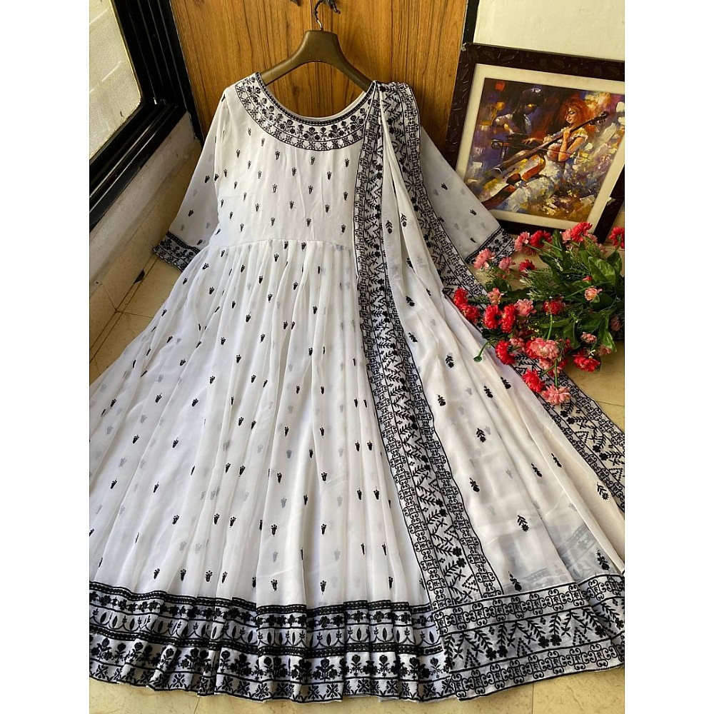 White embroidery worked anarkali suit