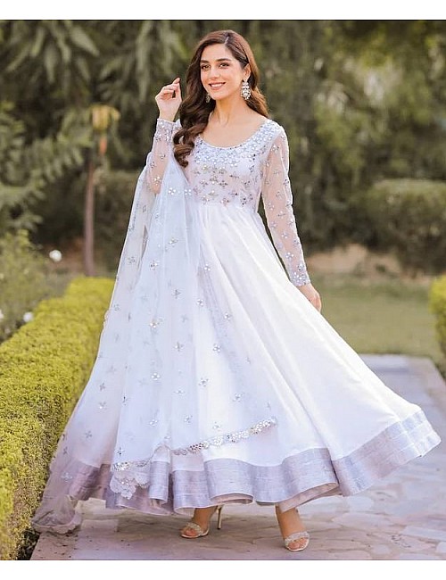 White georgette embroidery work anarkali suit
