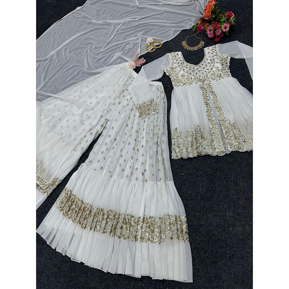 White georgette embroidery work wedding sharara suit