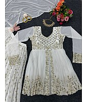 White georgette embroidery work wedding sharara suit