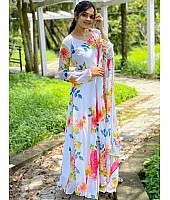 White georgette floral printed gown