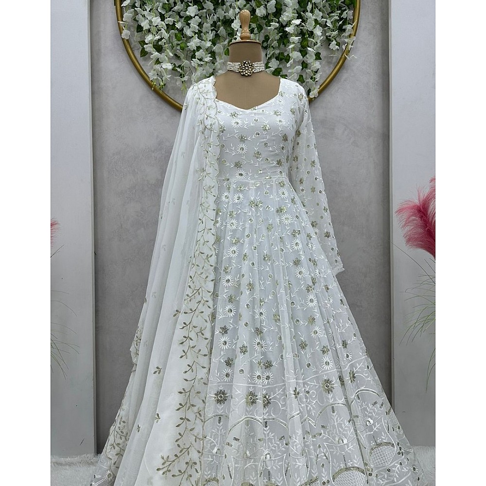 White georgette heavy thread sequence work gown for ceremony