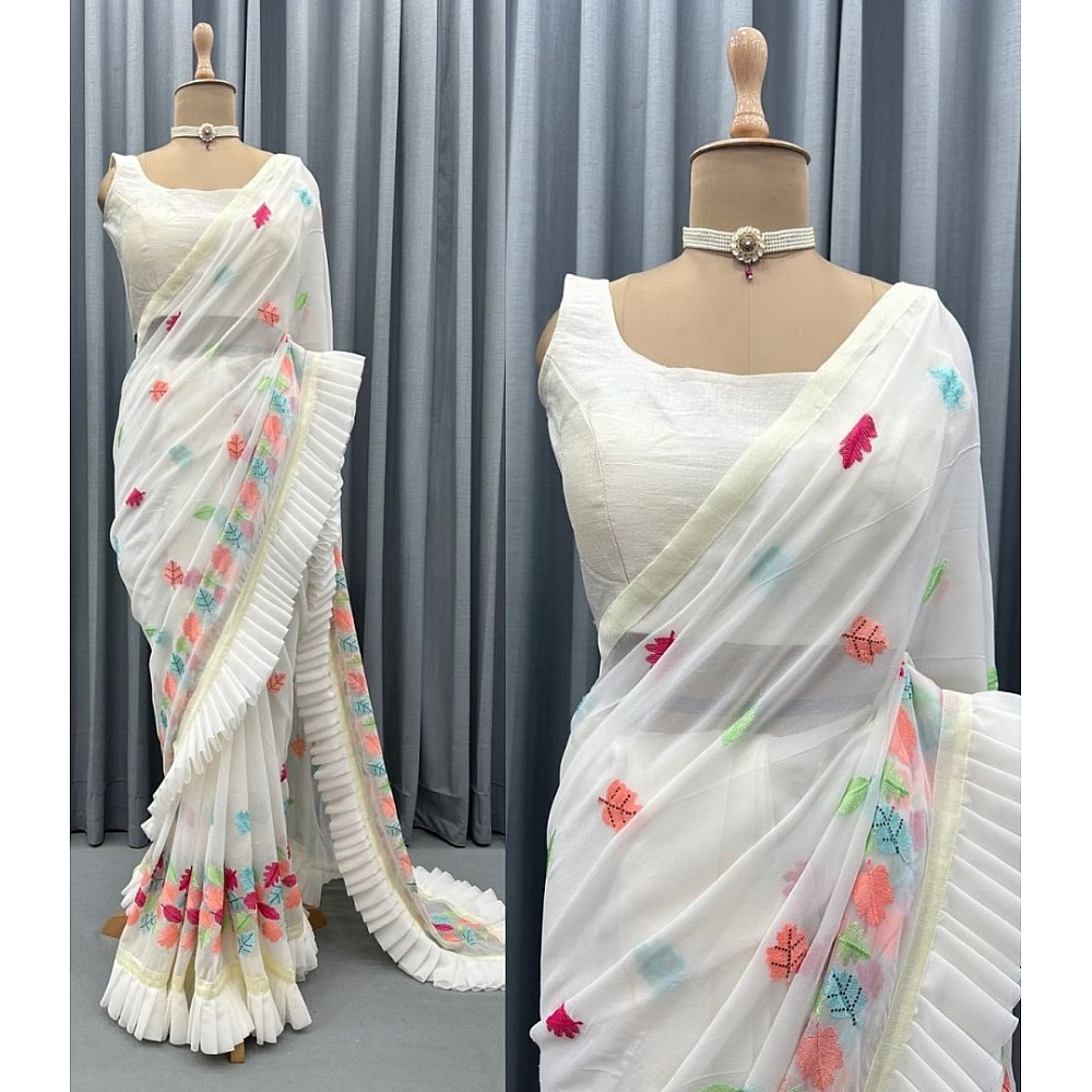 White georgette multi color thread embroidered designer ruffle saree