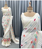 White georgette multi color thread embroidered designer ruffle saree