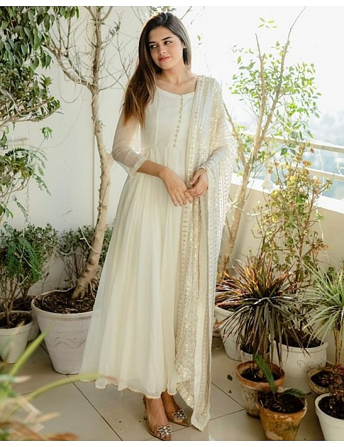 White georgette plain long anarkali suit with heavy sequence work dupatta