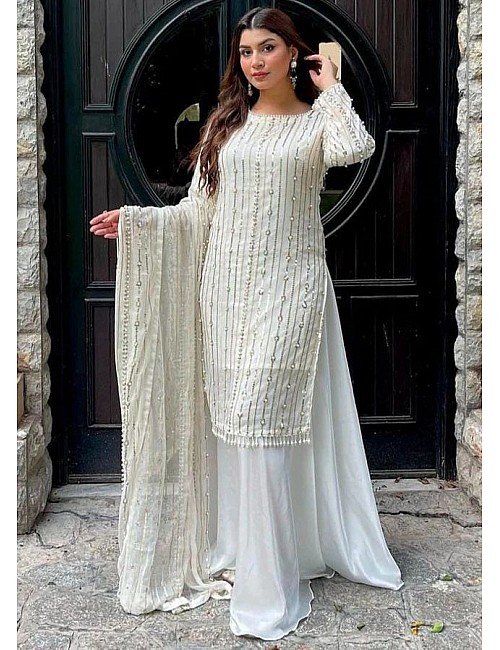 White georgette sequence work palazzo suit