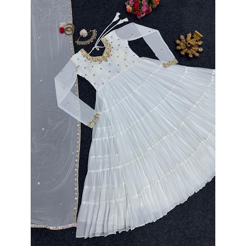 White georgette thread sequence work heavy flair party wear gown