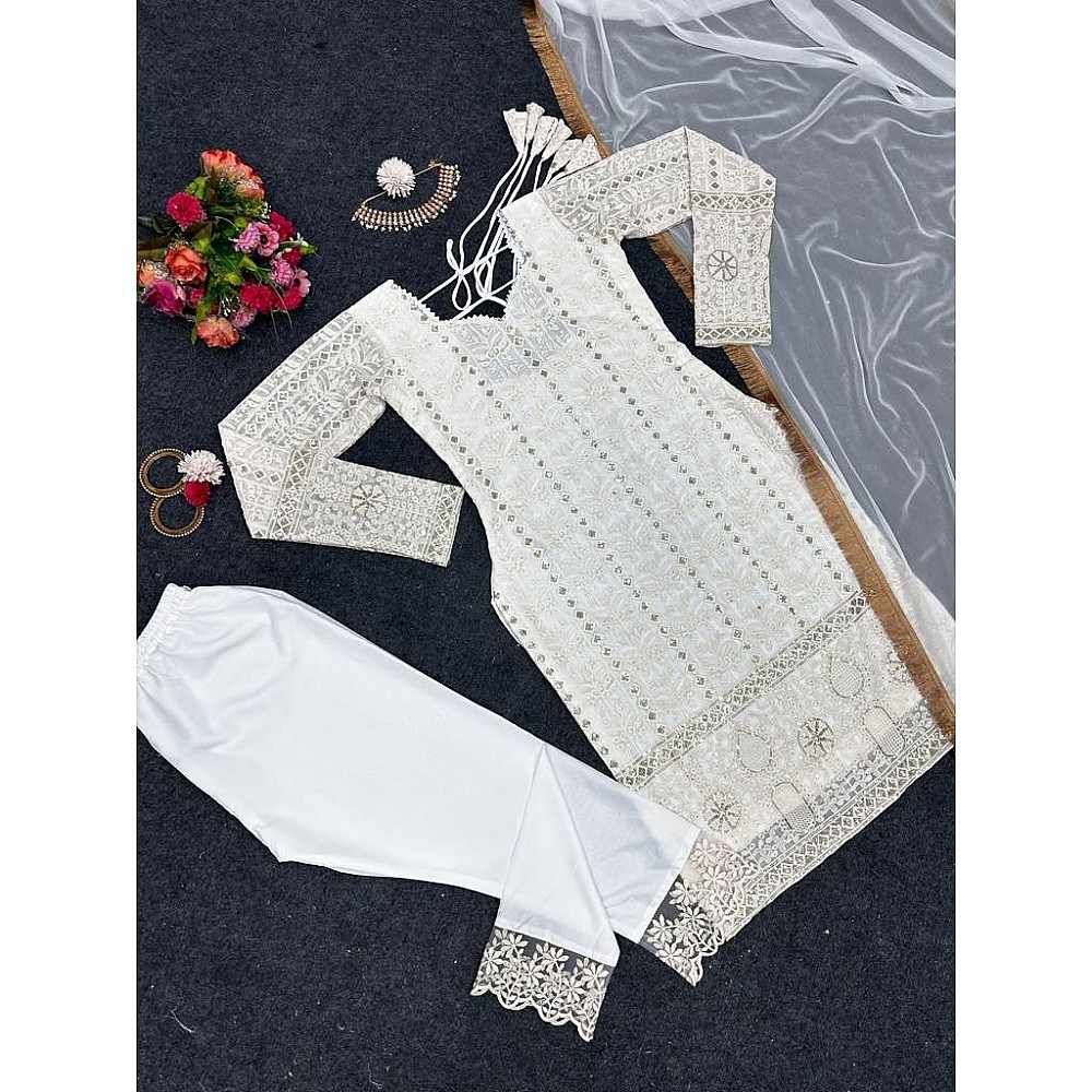 White georgette thread sequence work salwar suit