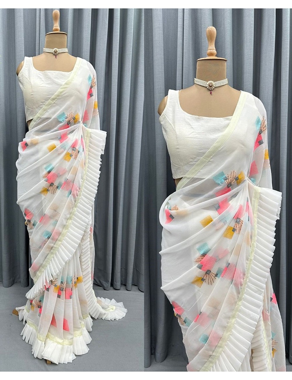 Saree : white multi threadwork embroidered ceremonial ruffle ...