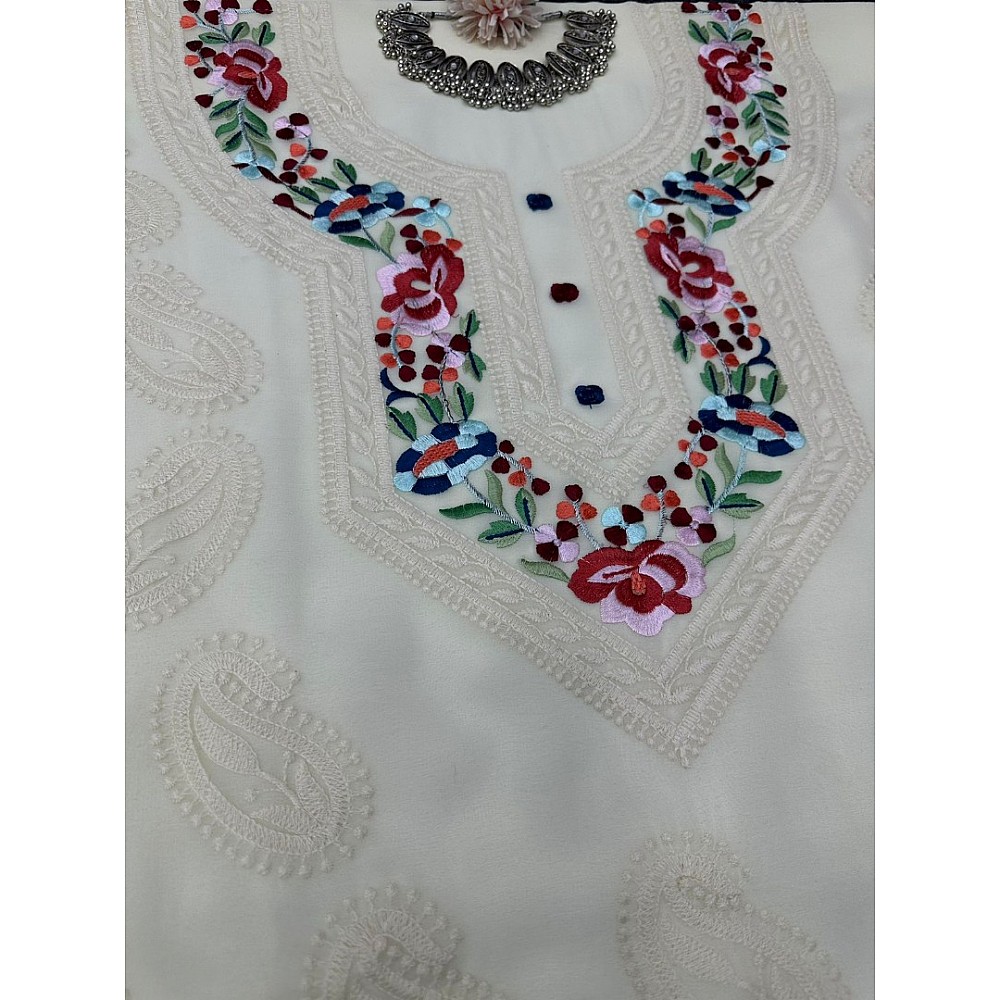 White georgette thread work unstitched salwar suit