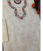 White georgette thread work unstitched salwar suit