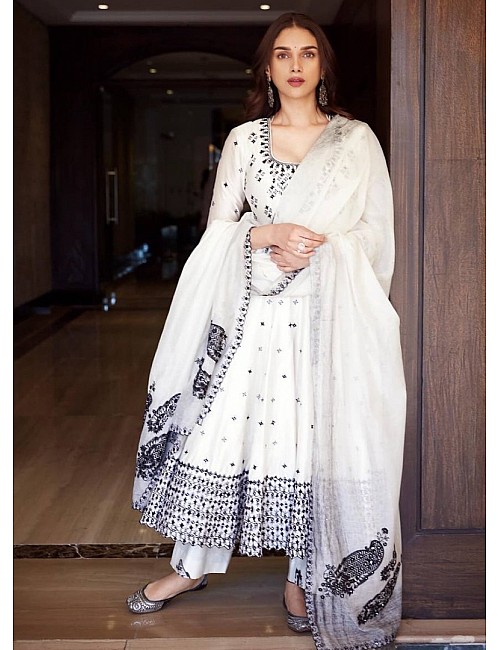 White heavy embroidery work anarkali suit