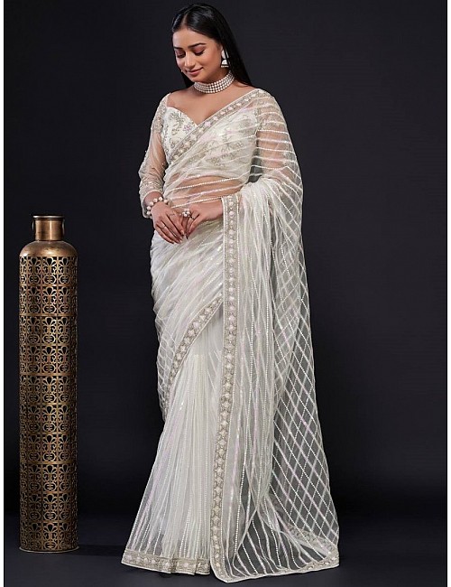 White net rainbow sequence thread work designer wedding saree