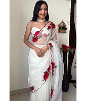 White tibby silk rose thread work ready to wear saree