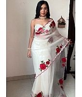 White tibby silk rose thread work ready to wear saree