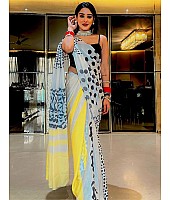 White yellow printed stylist designer satin saree