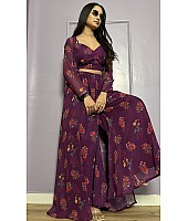 Wine georgette floral printed indowestern plazzo suit with koti