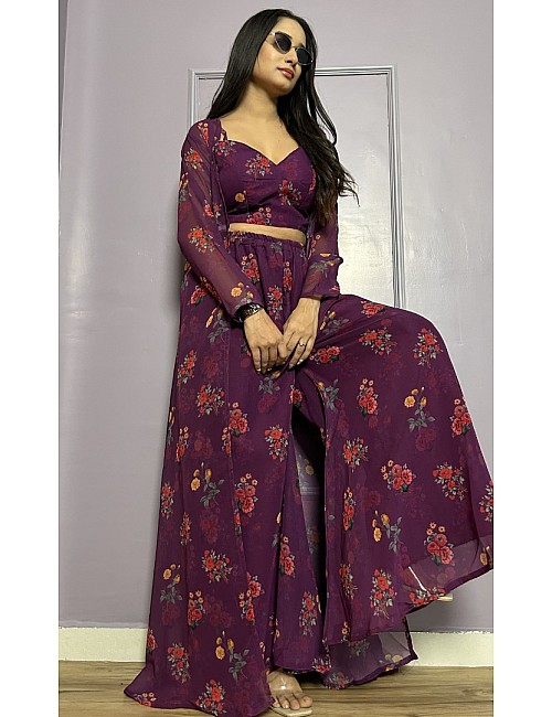Wine georgette floral printed indowestern plazzo suit with koti