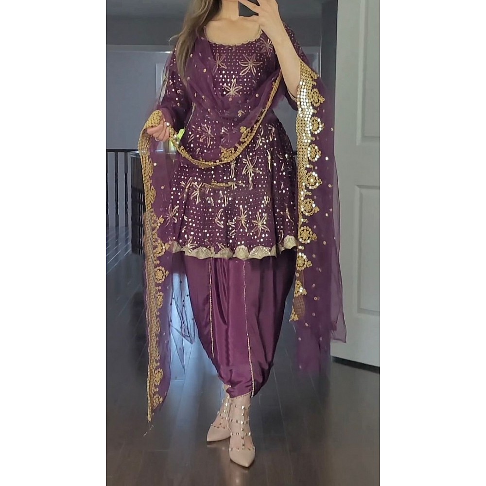 Wine georgette sequence embroidery work punjabi suit