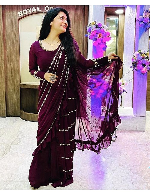 Wine georgette thread sequence work ready to wear ruffle party wear saree