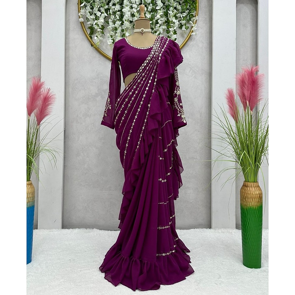 Wine georgette thread sequence work ready to wear ruffle party wear saree