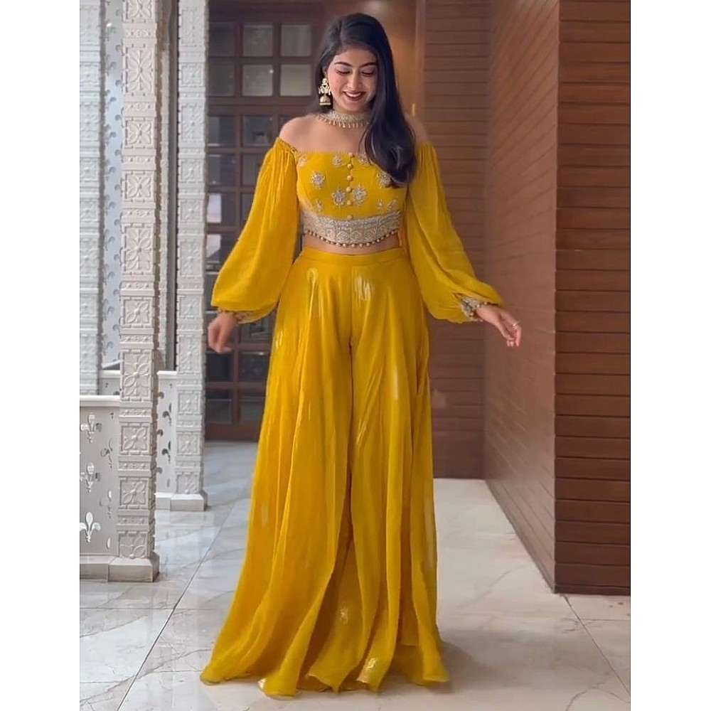 Yellow chinion silk thread sequence work crop top palazzo suit
