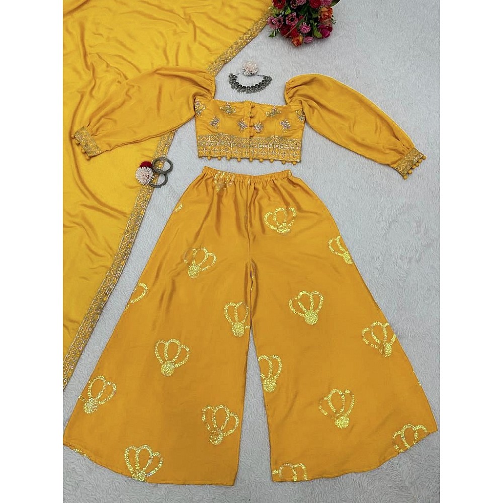 Yellow chinion silk thread sequence work crop top palazzo suit