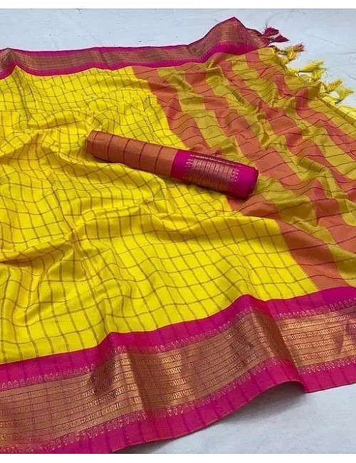 Yellow cotton jacquard border saree