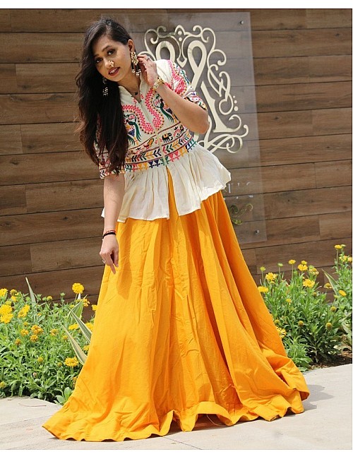 Yellow cotton lehenga with embroidery work crop top