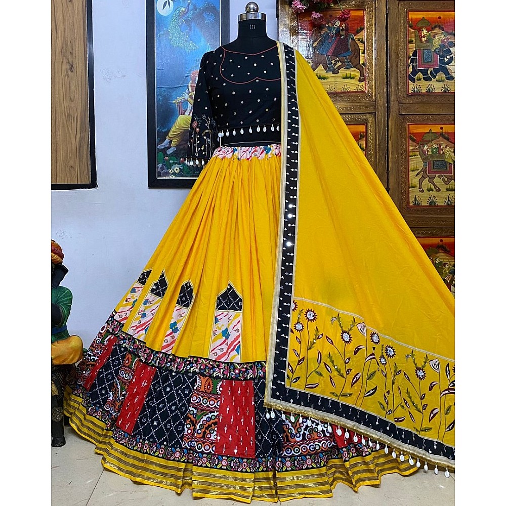 Yellow cotton print and mirror work gujarati garba navratri lehenga chaniya choli