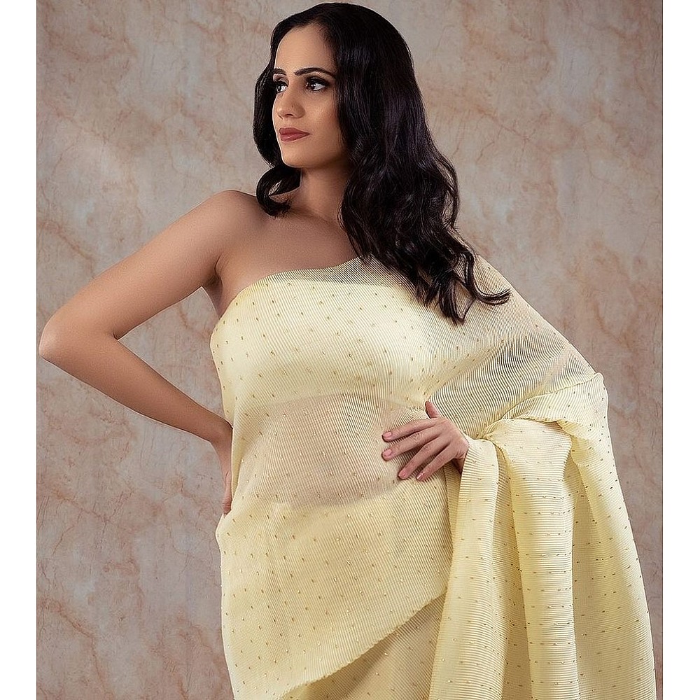 Yellow crushed georgette khatli handwork designer party wear saree