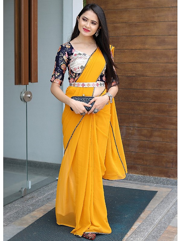 Buy Designer Saree - Yellow Georgette Silk Embroidered Saree – Empress  Clothing