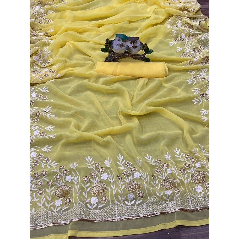 Yellow georgette embroidery work designer saree