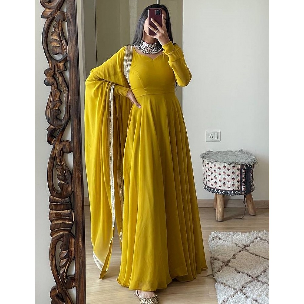 Gown : Yellow georgette long party wear anarkali ethnic gown