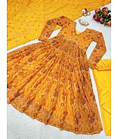 Yellow georgette print and hand worked alia cut kurti