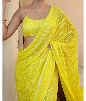 Yellow georgette thread and sequence work party wear saree