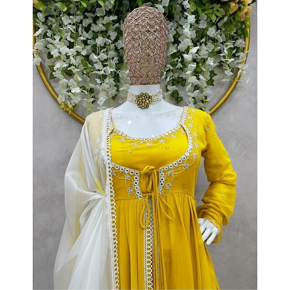 Yellow georgette thread sequence work anarkali suit