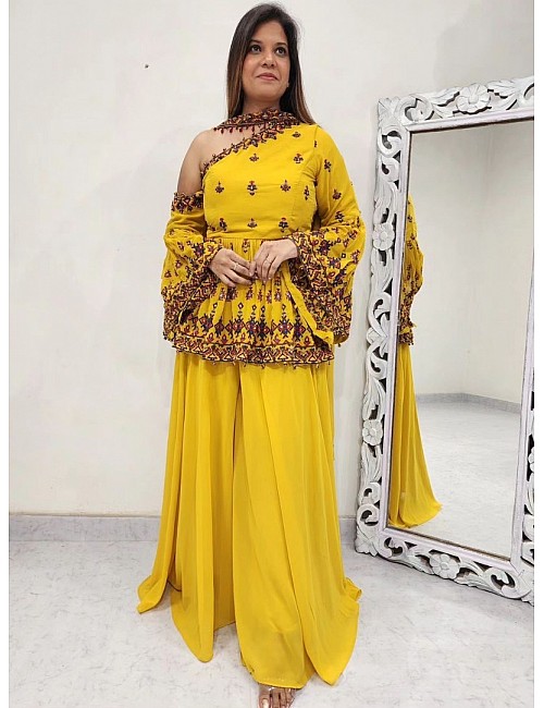 Yellow georgette thread sequence work designer palazzo suit