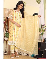 Yellow organza print and thread work pant salwar suit