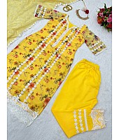 Yellow organza print and thread work pant salwar suit
