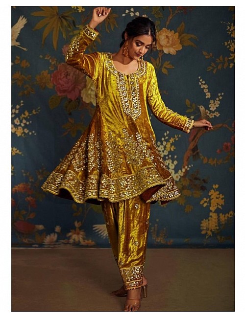 Yellow velvet embroidered salwar suit