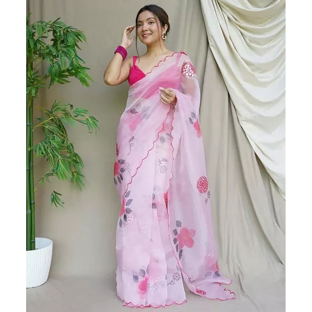 Baby pink floral printed girlish organza saree
