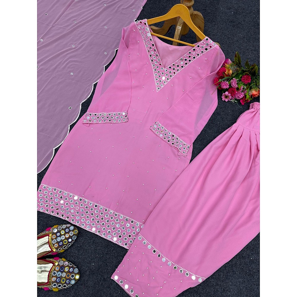 Baby pink georgette mirror work afghan dhoti suit