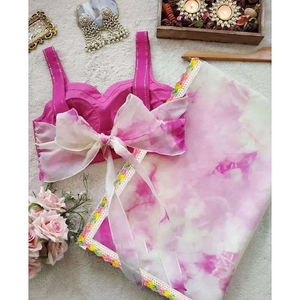 Baby pink shibori print girlish organza saree