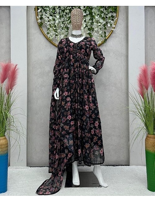 Black floral printed handwork alia cut suit