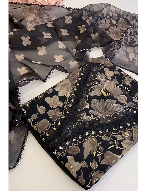 Black tibby silk floral printed salwar suit