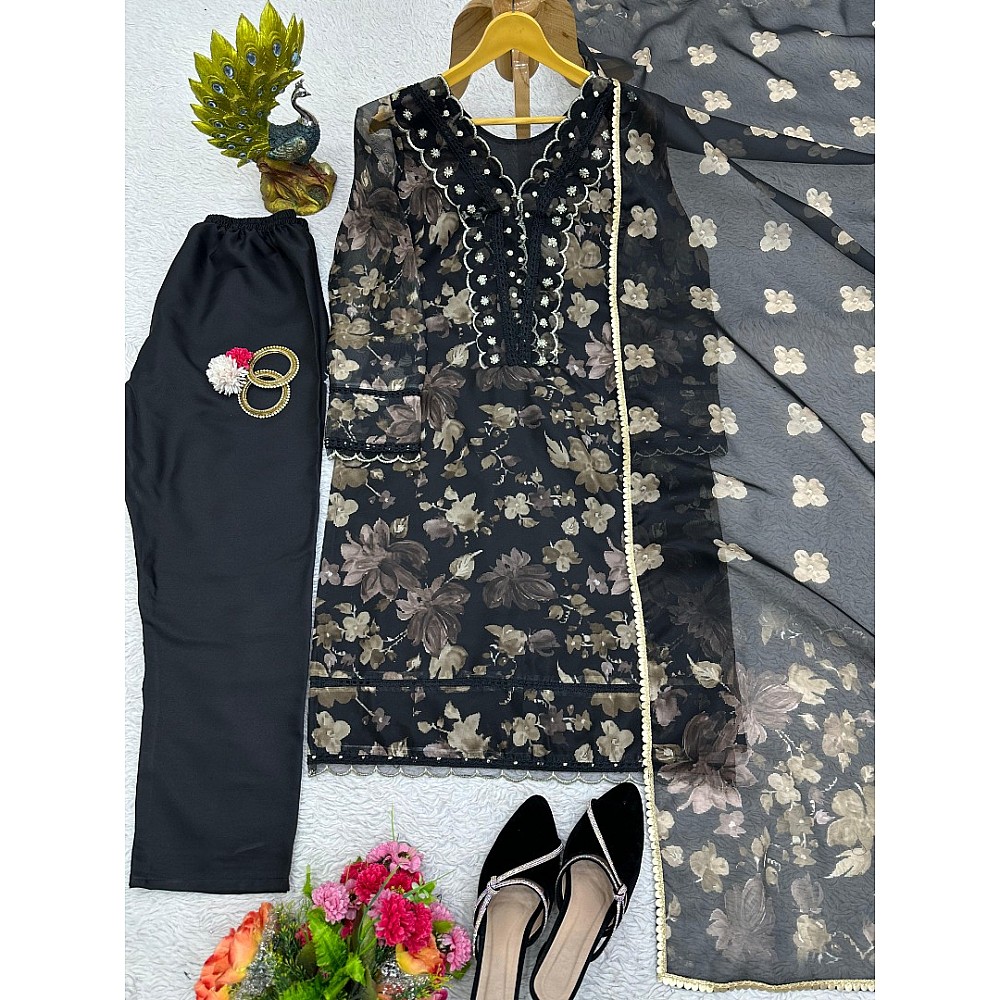 Black tibby silk floral printed salwar suit