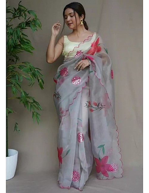 Grey floral printed girlish organza saree