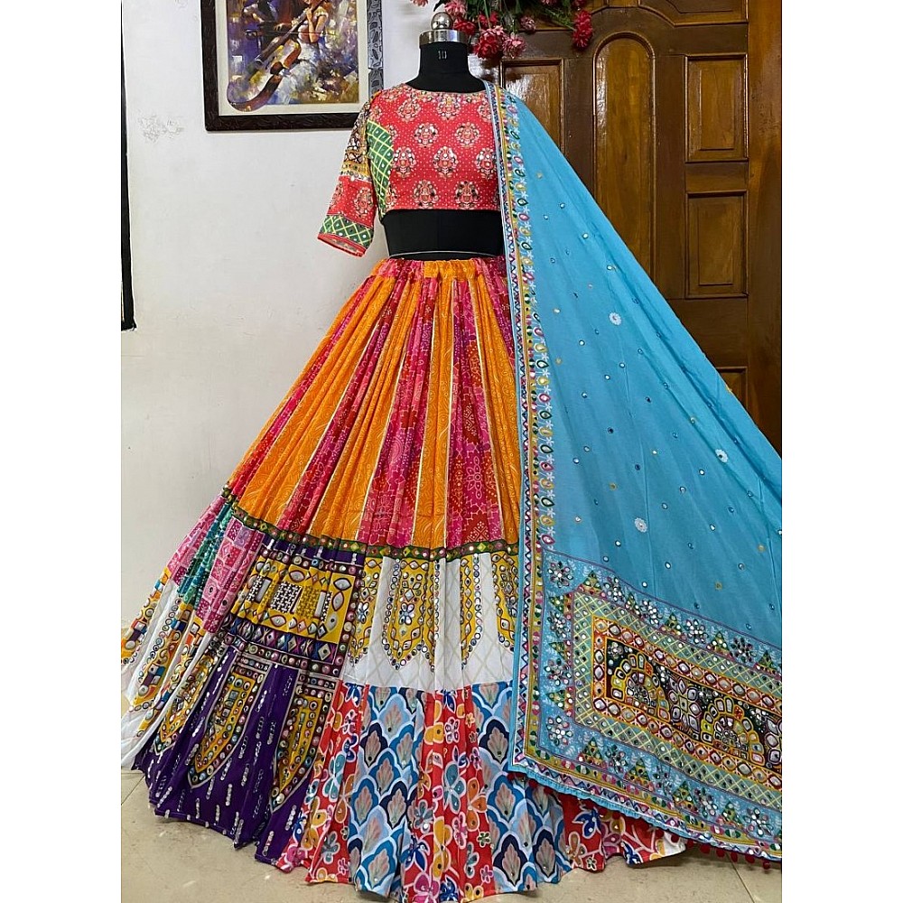 Multicolor muslin cotton gujarati garba navratri lehenga chaniya choli