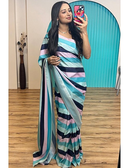 Multicolor strip printed ready to wear saree